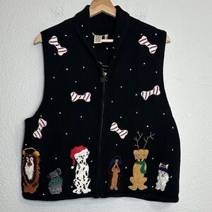 Bechamel‎ Women's Large Santa Dogs Christmas Black Sweater Vest Embroidered